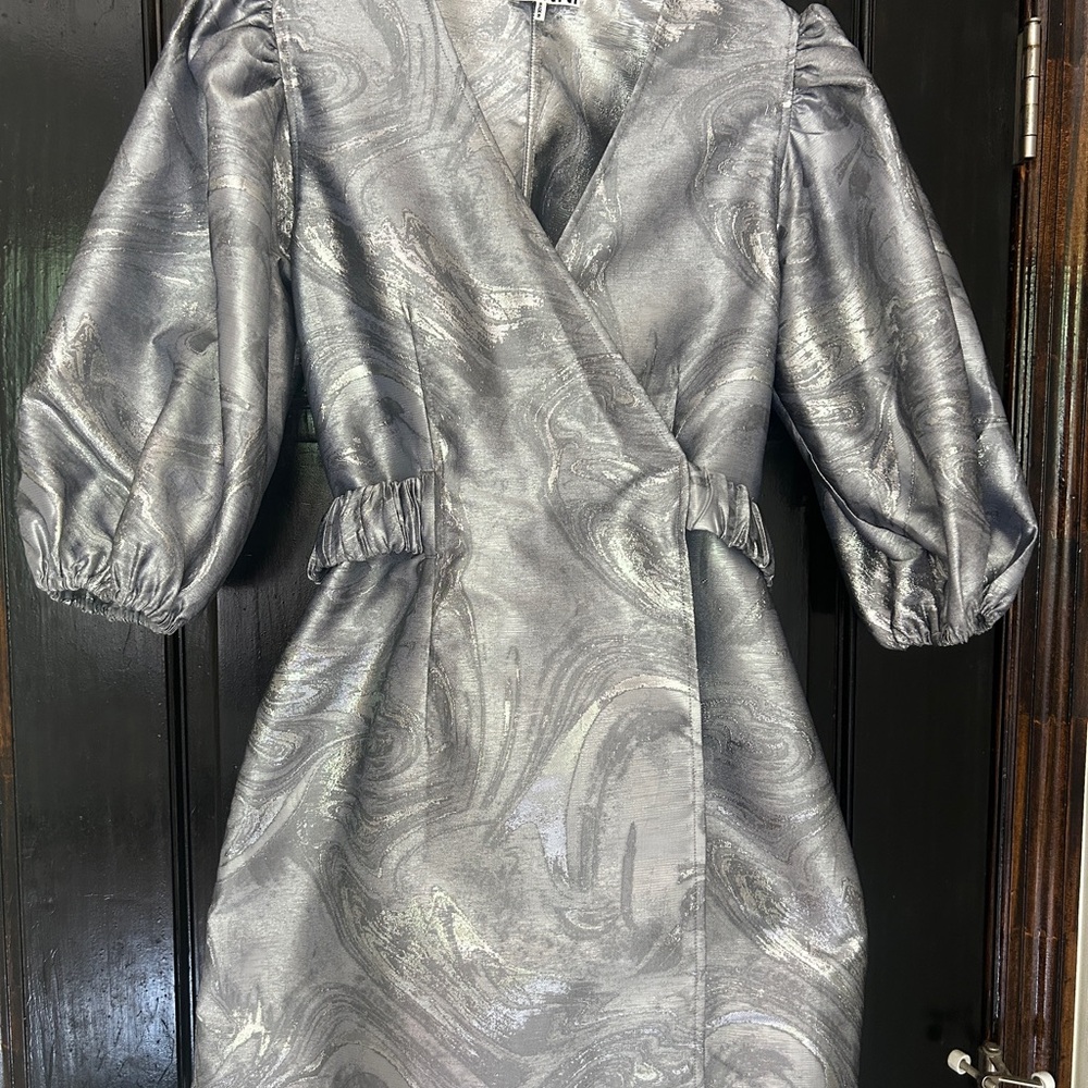 Ganni Silver Puff Sleeve Mini Dress